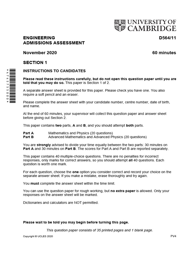 ENGAA 2020 S1 QuestionPaper | PDF | Electric Power Transmission | Mass