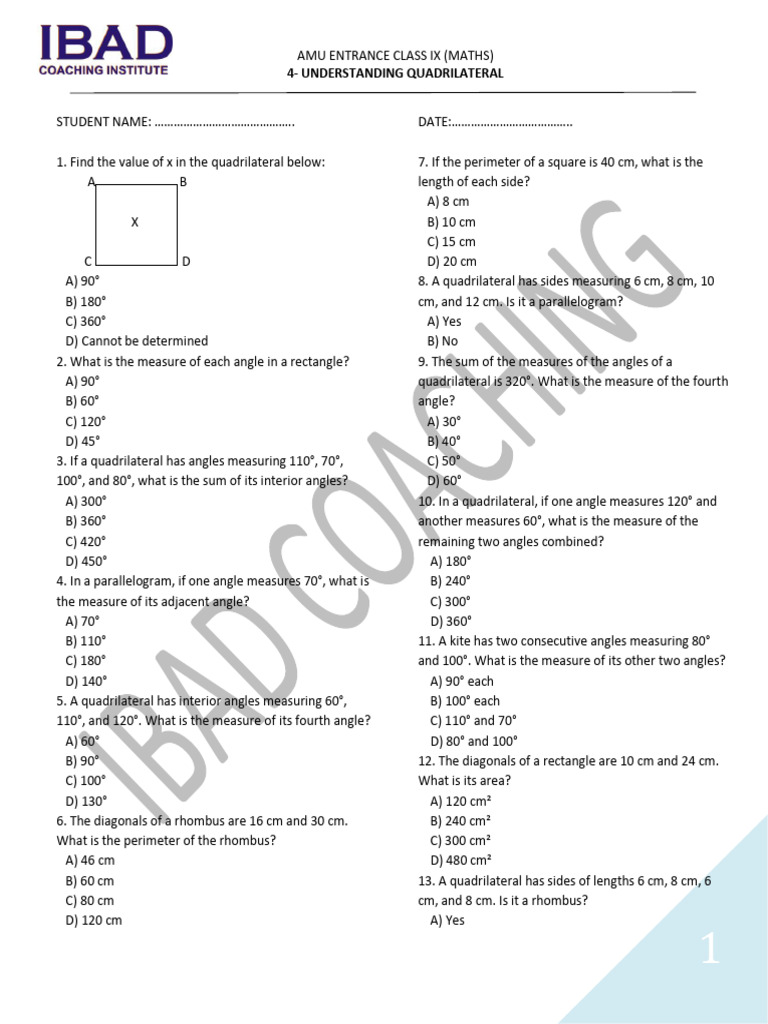 Class 8 Quadrilaterals Test Paper | PDF | Rectangle | Geometry