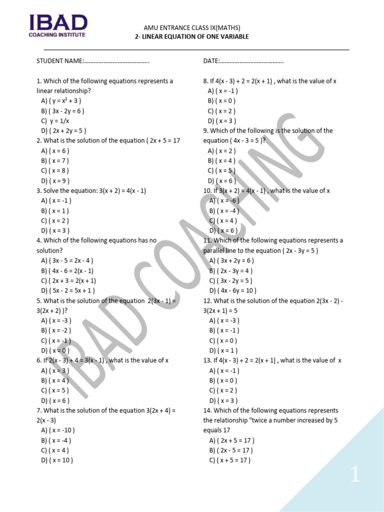 Class IX Linear Equations Practice | PDF | Equations | Applied Mathematics