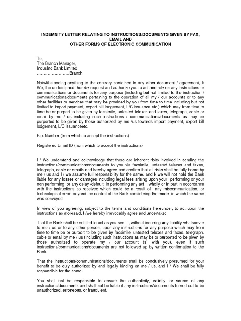 Fax Email Indemnity Form PDF Indemnity Civil Law (Legal System)