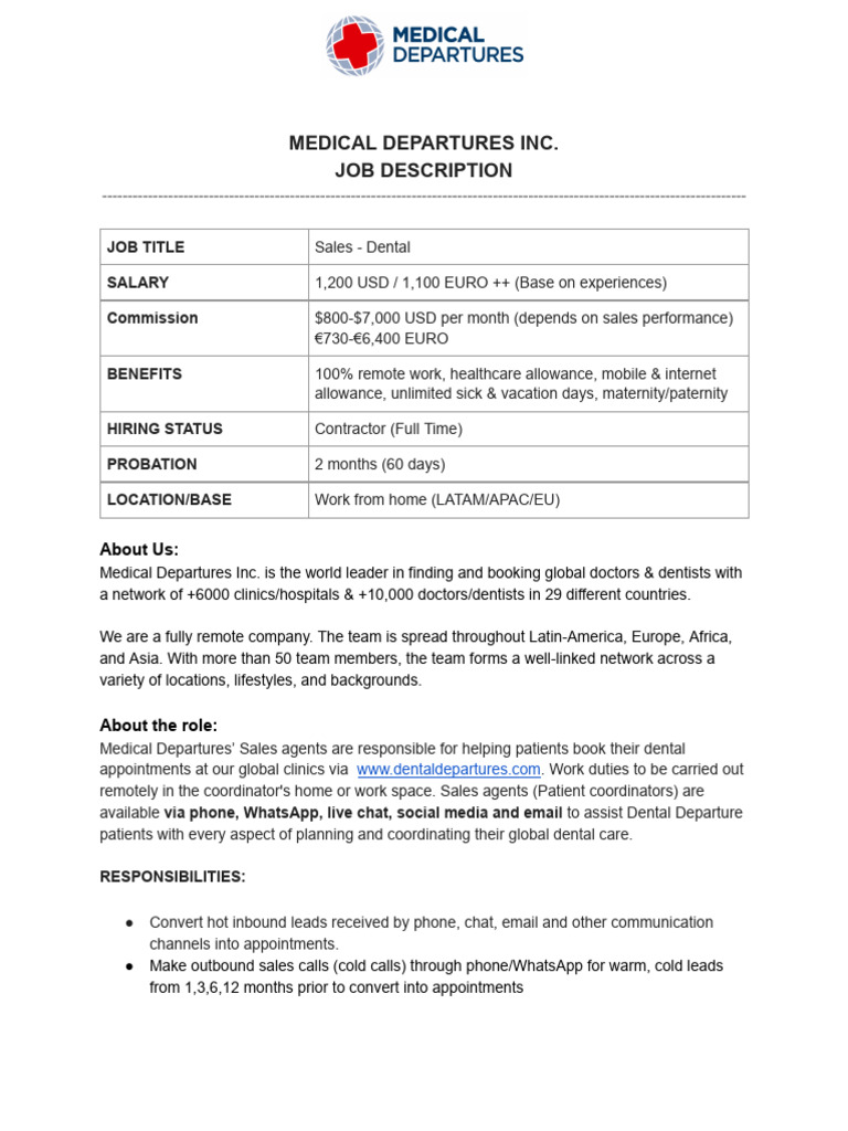 2024 - Medical Departures Inc. Sales Dental - Job Description | PDF ...