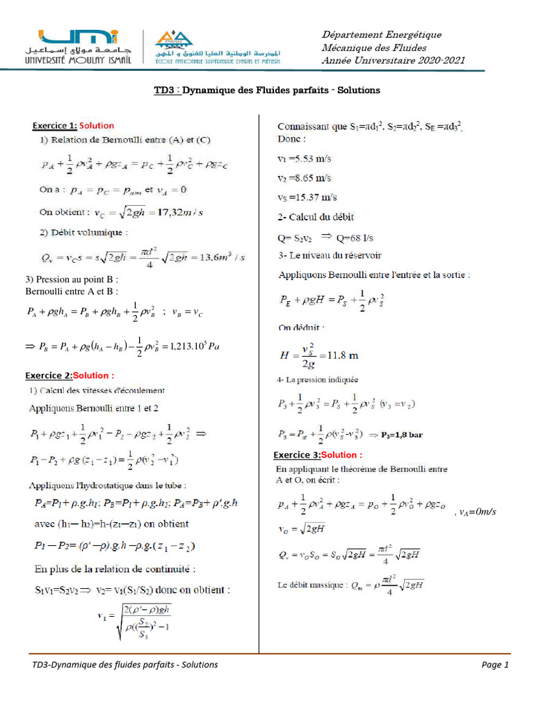 Solutions TD3 Fluides Parfaits 2021 | PDF | Dynamique des fluides ...