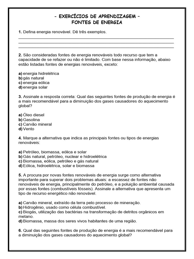 Exercícios de Aprendizagem Fontes de Energia | PDF | Biomassa | Energia ...