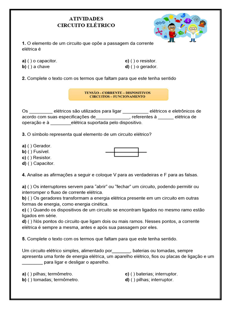 Atividades sobre Circuitos Elétricos 8º Ano | PDF | Rede elétrica ...