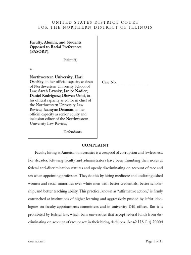 FASORP v. Northwestern University (6.30.2024) PDF Discrimination