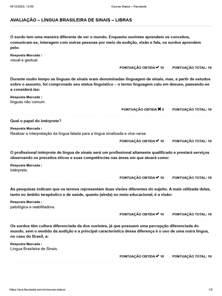 Avaliação - Língua Brasileira de Sinais - Libras | PDF | Linguagem de ...