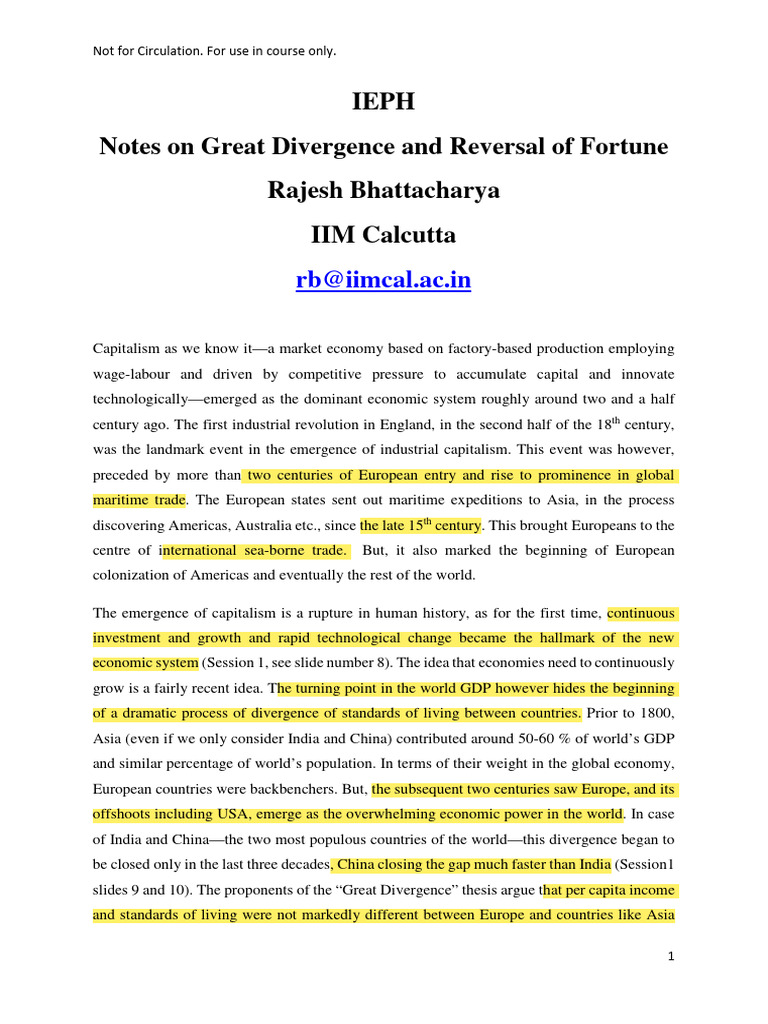 IEPH 2024-25 Lecture Notes On Great Divergence and Reversal of Fortune ...