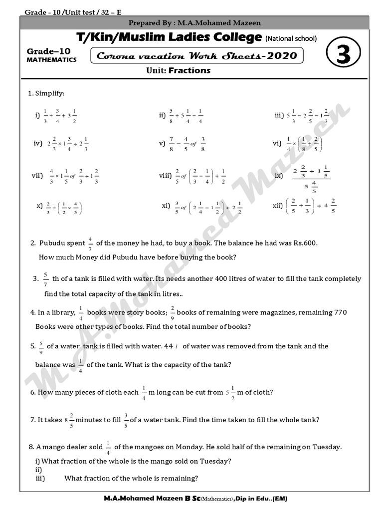 Grade 10 Mathematics Unit Test: Fractions | PDF