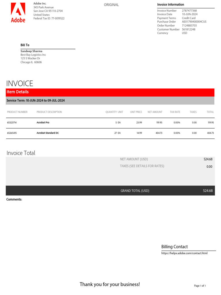 Adobe Invoice for Acrobat Products | PDF | Invoice | United States Dollar