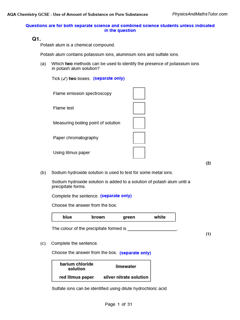 Use of Amount of Substance On Pure Substances QP - AQA Chemistry GCSE ...