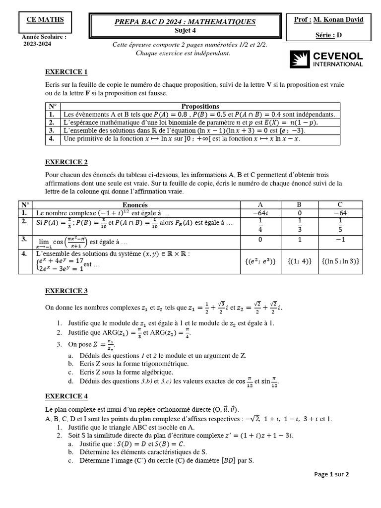 Prépa Bac D 2024 : Exercices de Maths | PDF | Nombre complexe ...