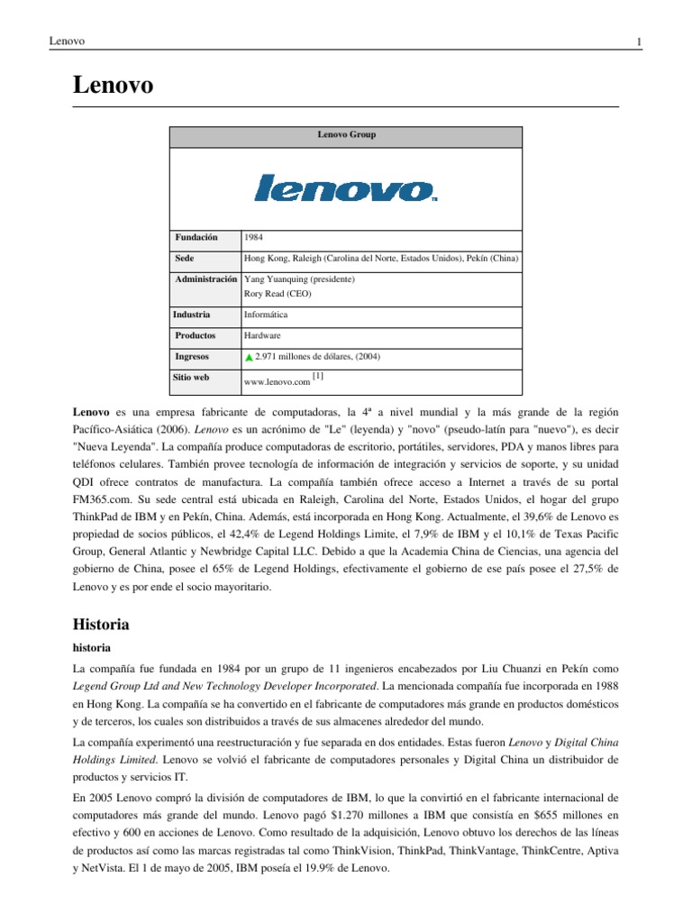 Origen e Historia de Lenovo | PDF | Lenovo | Hardware de la computadora