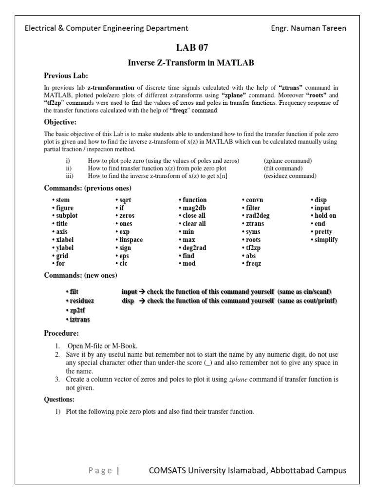 Dsp Lab 7 Inverse Z Transform Pdf Signal Processing Computer