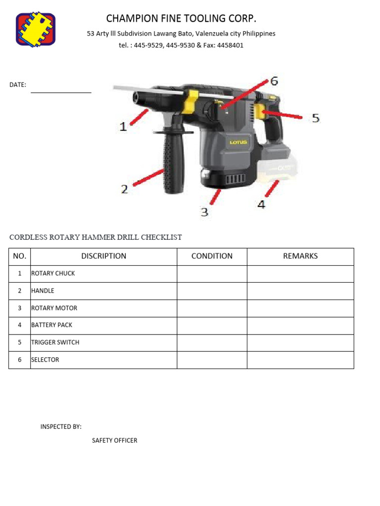 Cordless Lotus Rotary Hammer Drill Checklist Download Free PDF