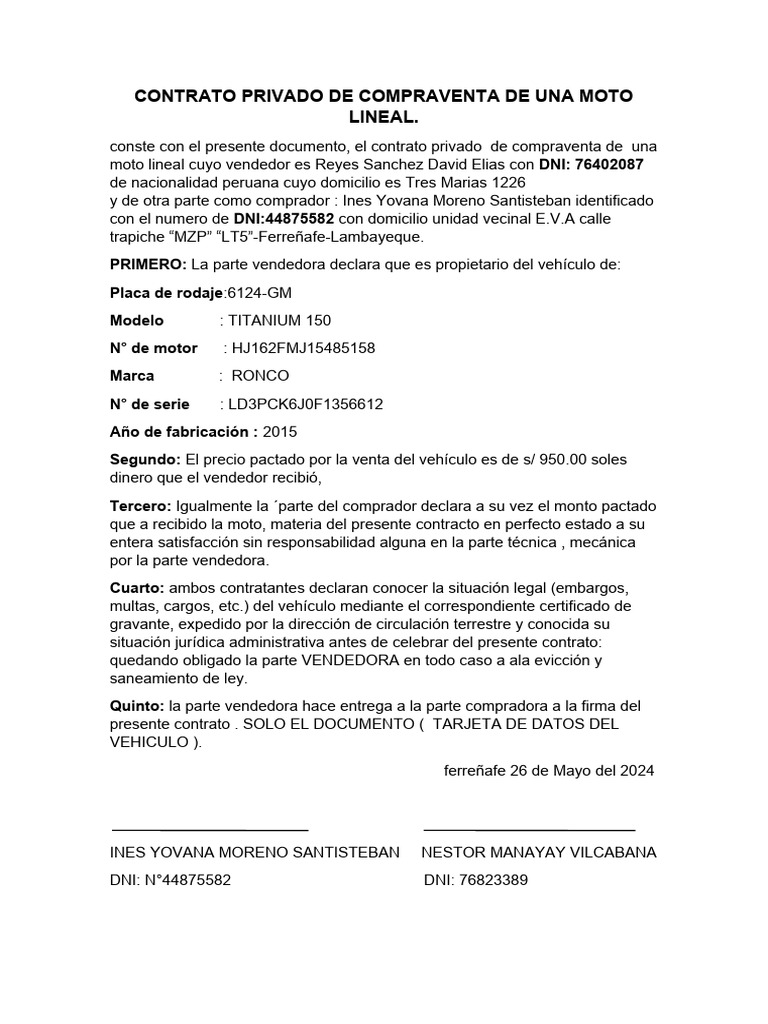 Contrato de Compraventa de Moto 2015 | PDF | Negocios | Derecho