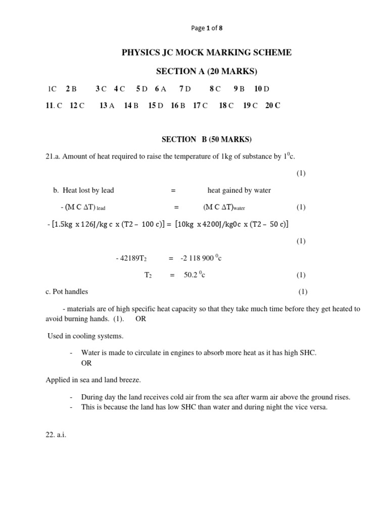 Physics JC Mock Marking Scheme | PDF | Heat | Thermal Conduction