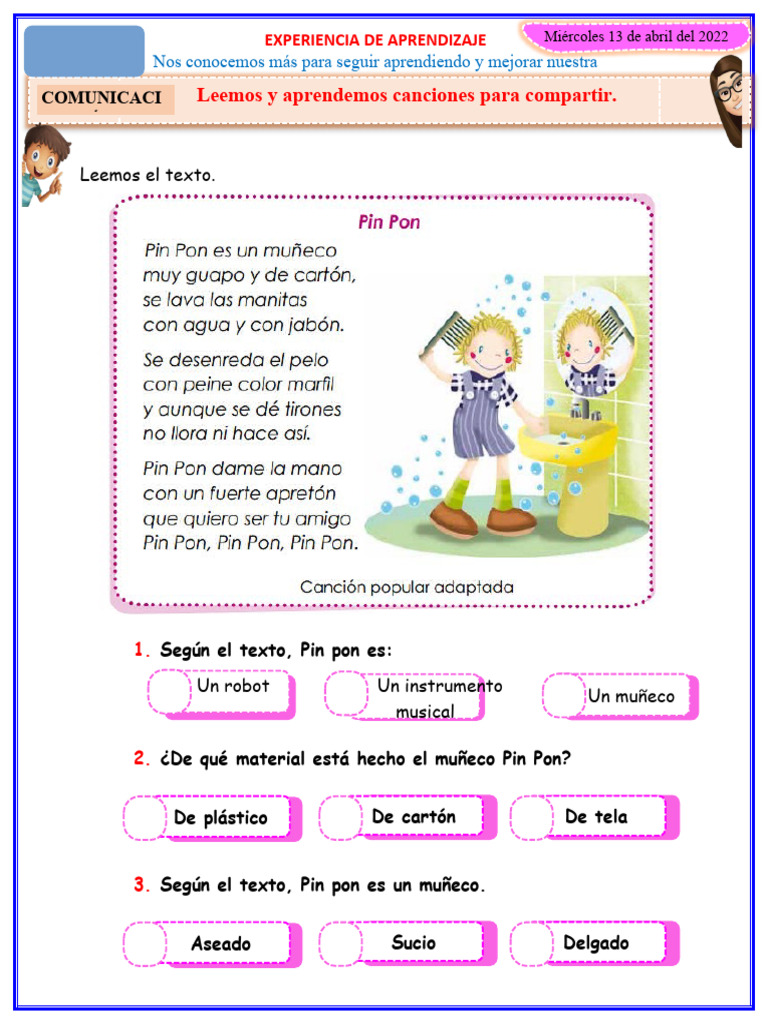 D1 A2 Ficha Leemos Y Aprendemos Canciones Para Compartir Pdf