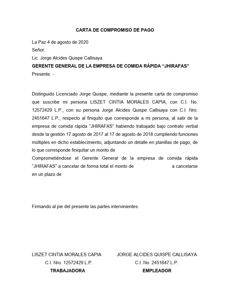 Carta de Compromiso de Pago Jhirafas | PDF | Finanzas y dinero
