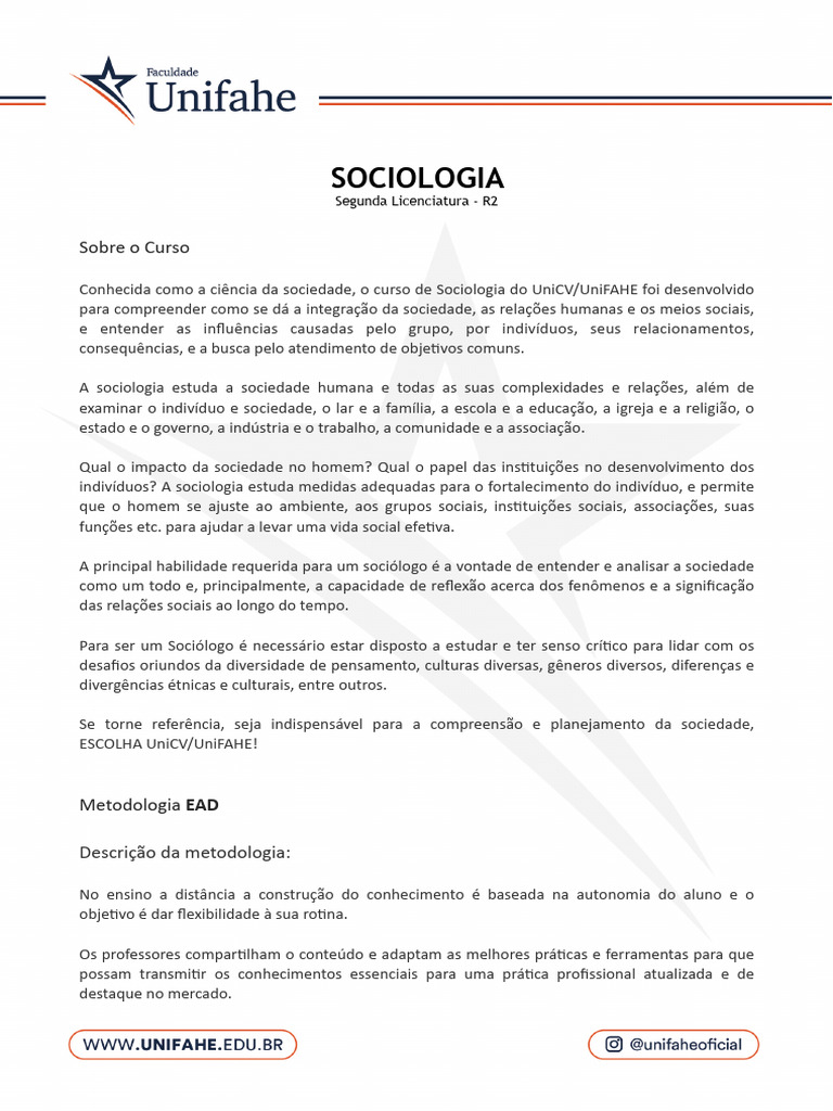 Curso de Sociologia EAD: Licenciatura R2 | PDF | Sociologia | Sociedade
