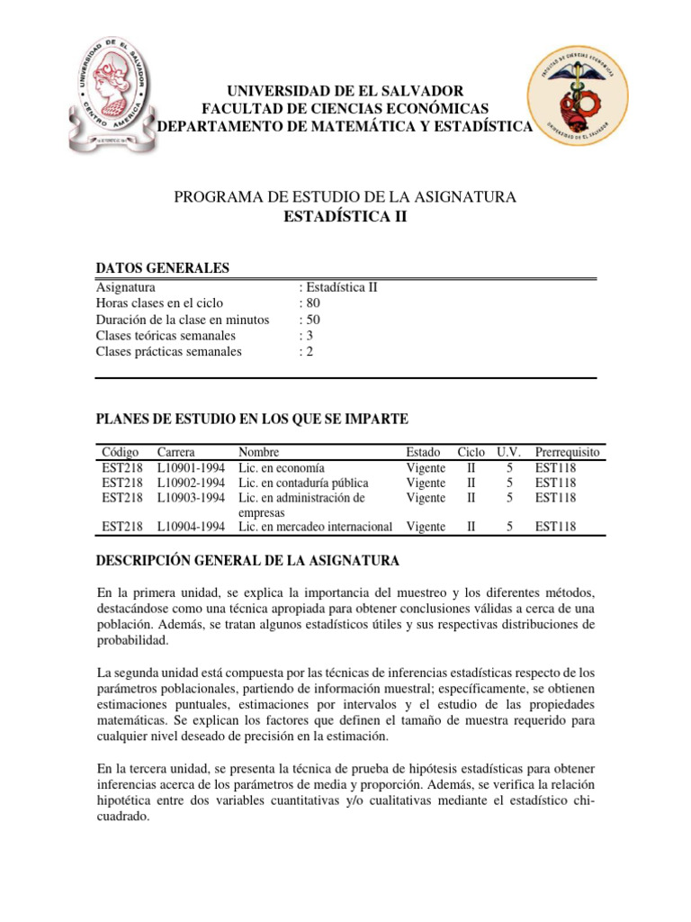 Programa de Estadística II en UES | PDF | Muestreo (Estadísticas ...