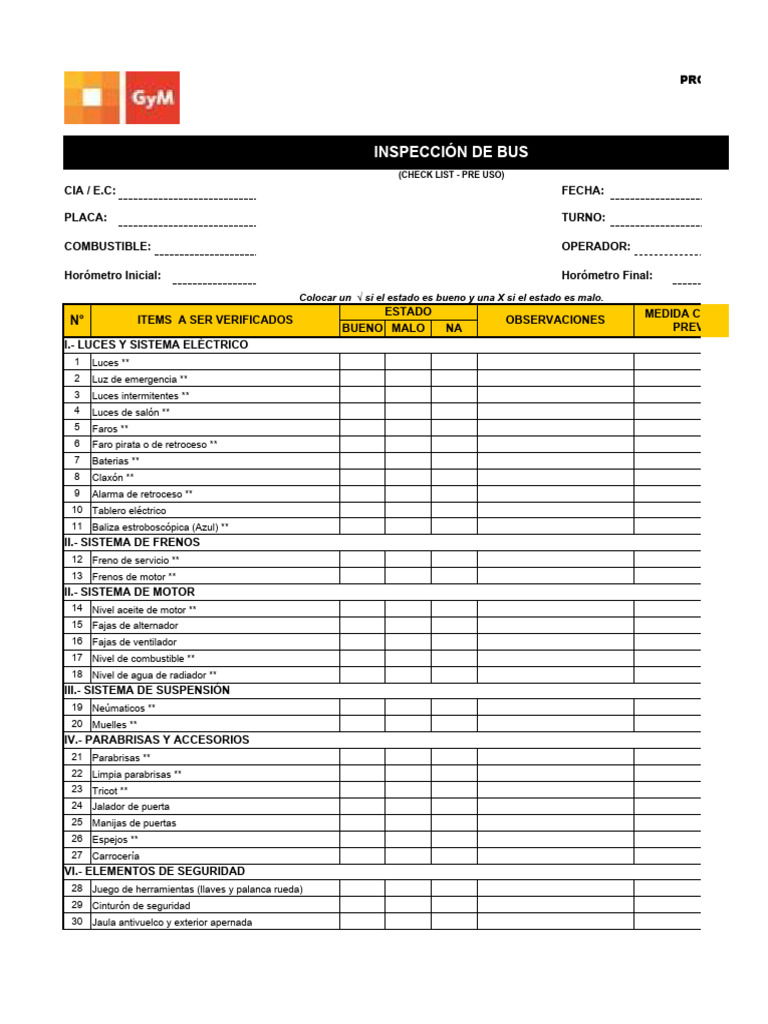 Check List de Bus | Descargar gratis PDF | Vehículo de motor | Carros ...