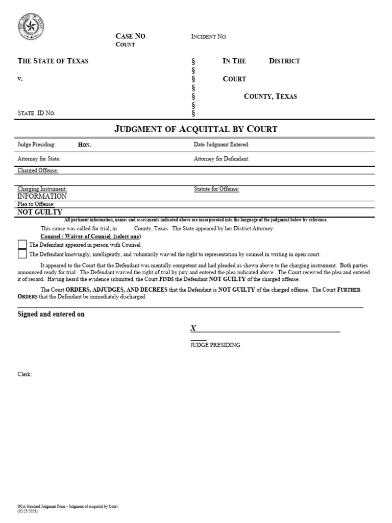 Texas Court Judgment of Acquittal | PDF | Plea | Crimes