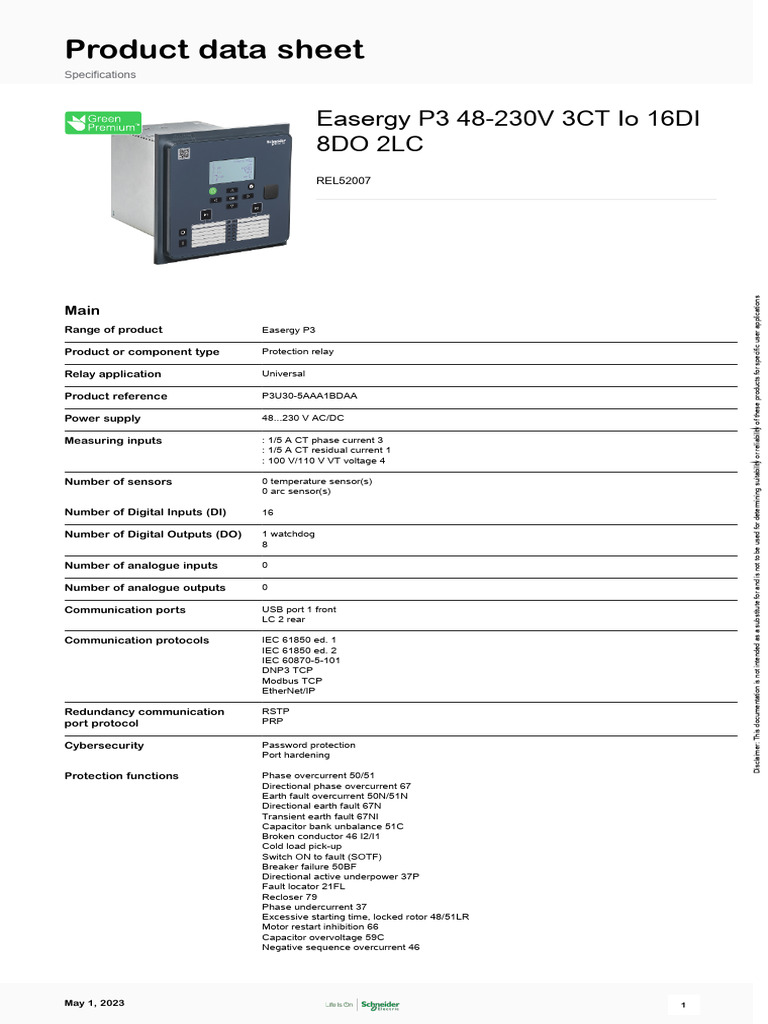 Easergy P3 Protection Relay Specs | PDF | Ac Power | Electromagnetic ...