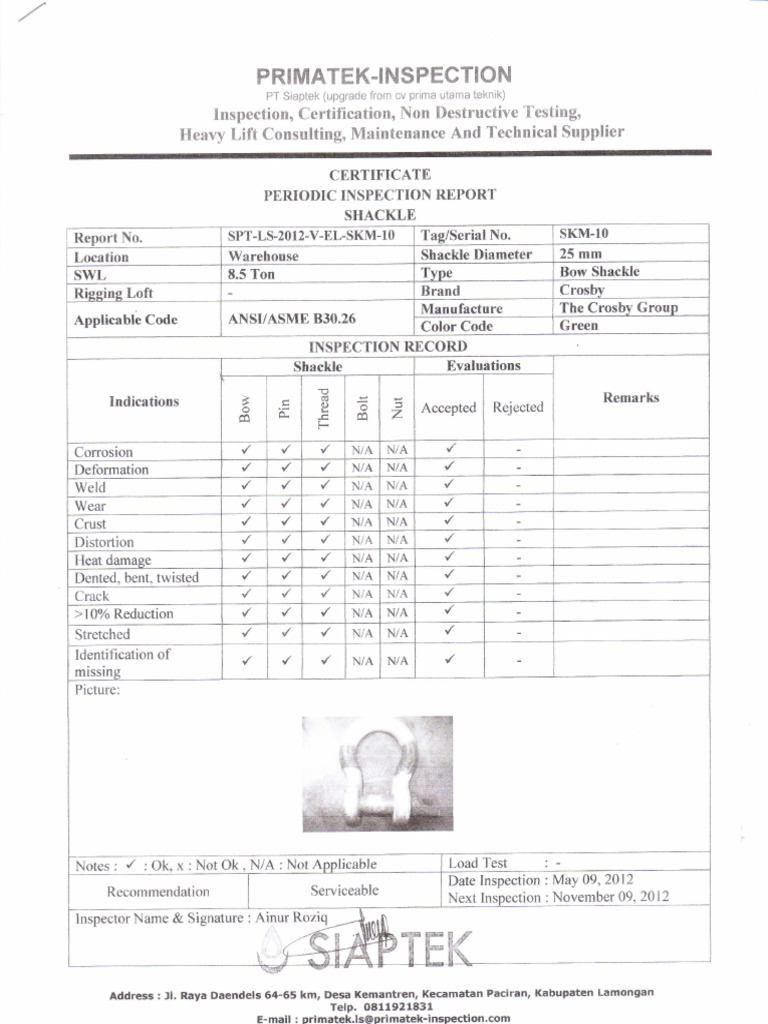 Shackle Inspection Certificate Report | PDF | Quality | Mechanical ...