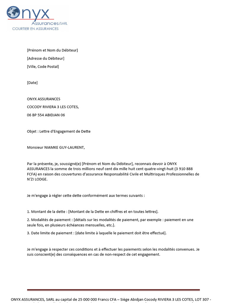 Modèle de Lettre d'Engagement de Dette | PDF
