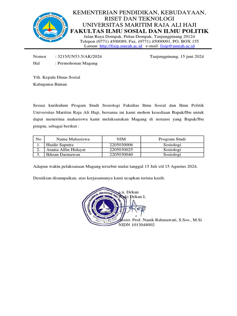 6.b. Template Surat Permohonan Magang | PDF