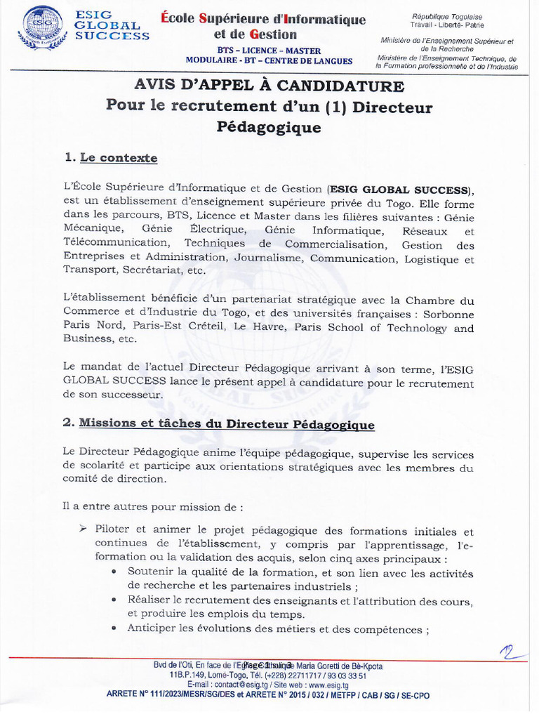 Avis de Recrutement Directeur Pedagogique Esig | PDF
