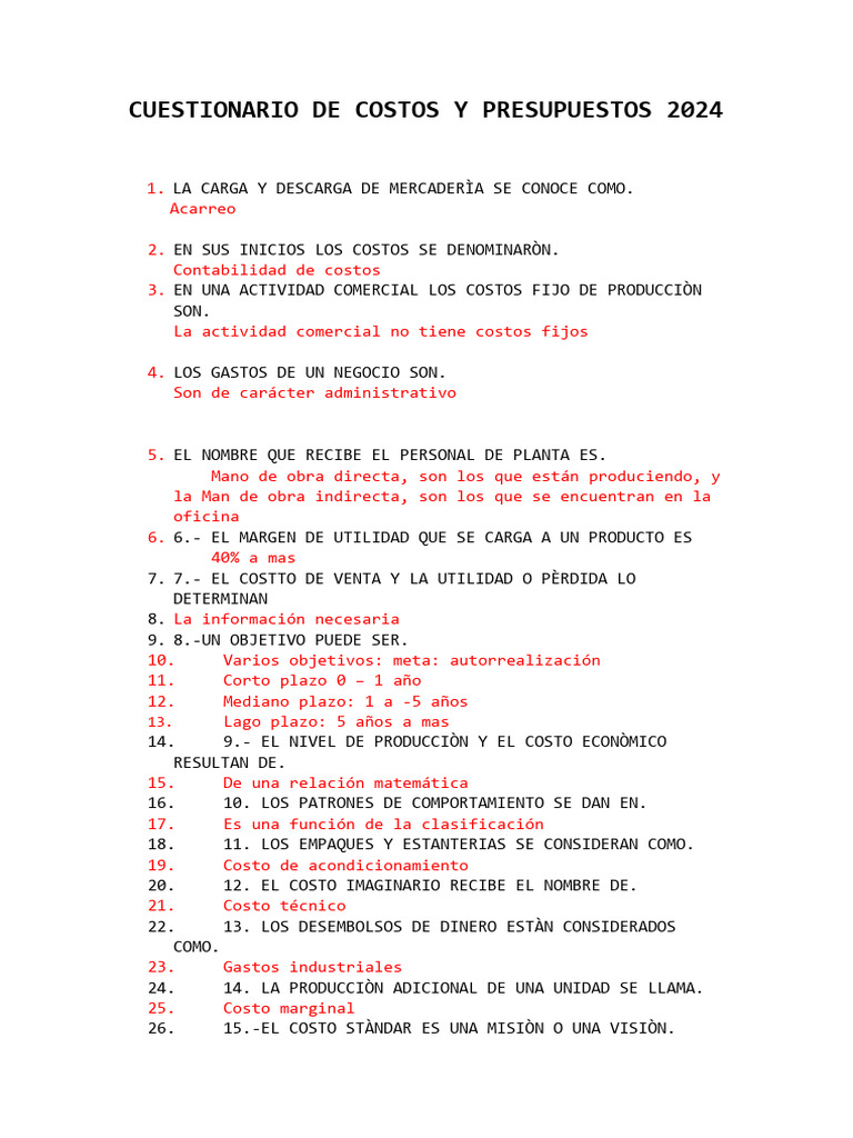 Cuestionario de Costos y Presupuestos 2024-1 | PDF | Presupuesto ...