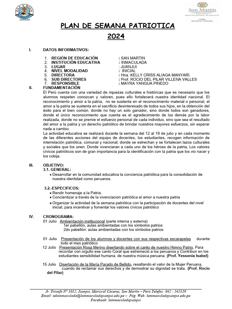 Plan de Fiestas Patria 2024 Nivel Inicial PDF Perú