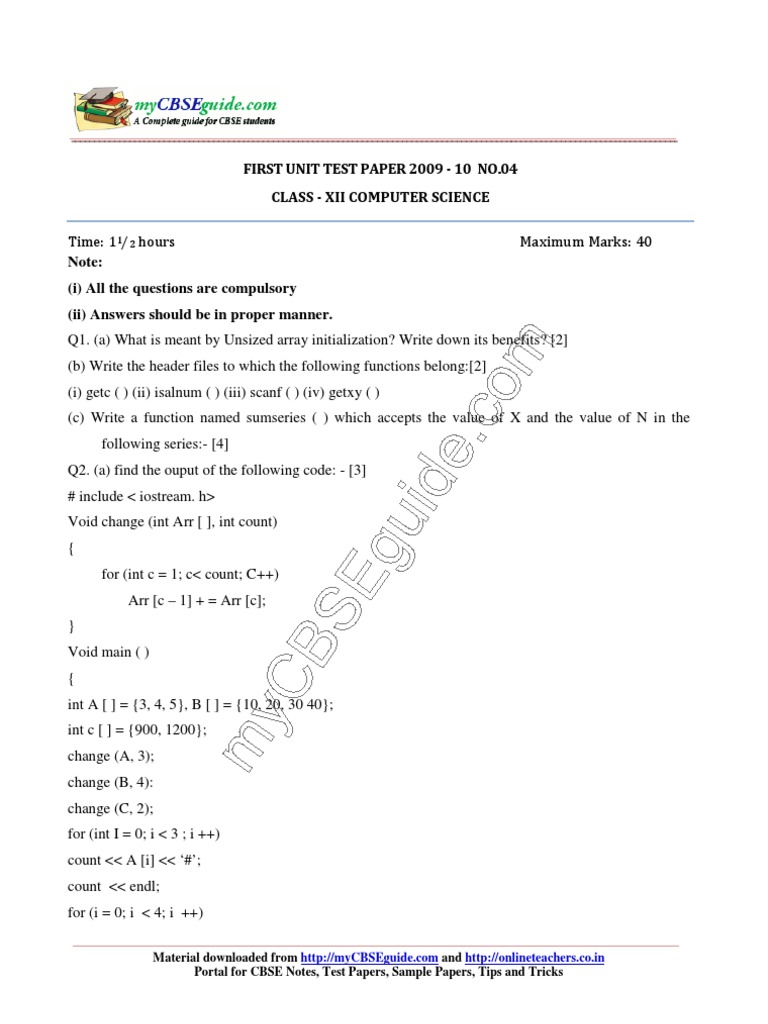 12 Computer Science Mixed Test 04 | PDF | Array Data Structure | Method ...