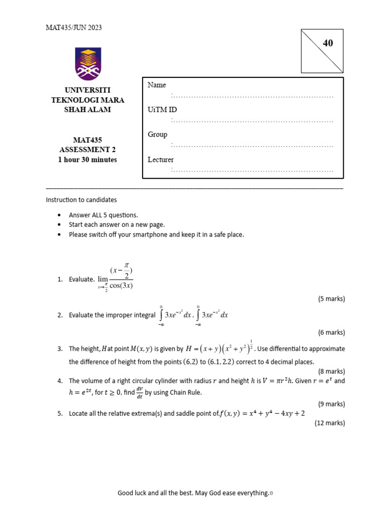 MAT435 Assessment 2 Instructions | PDF | Calculus | Mathematical Analysis