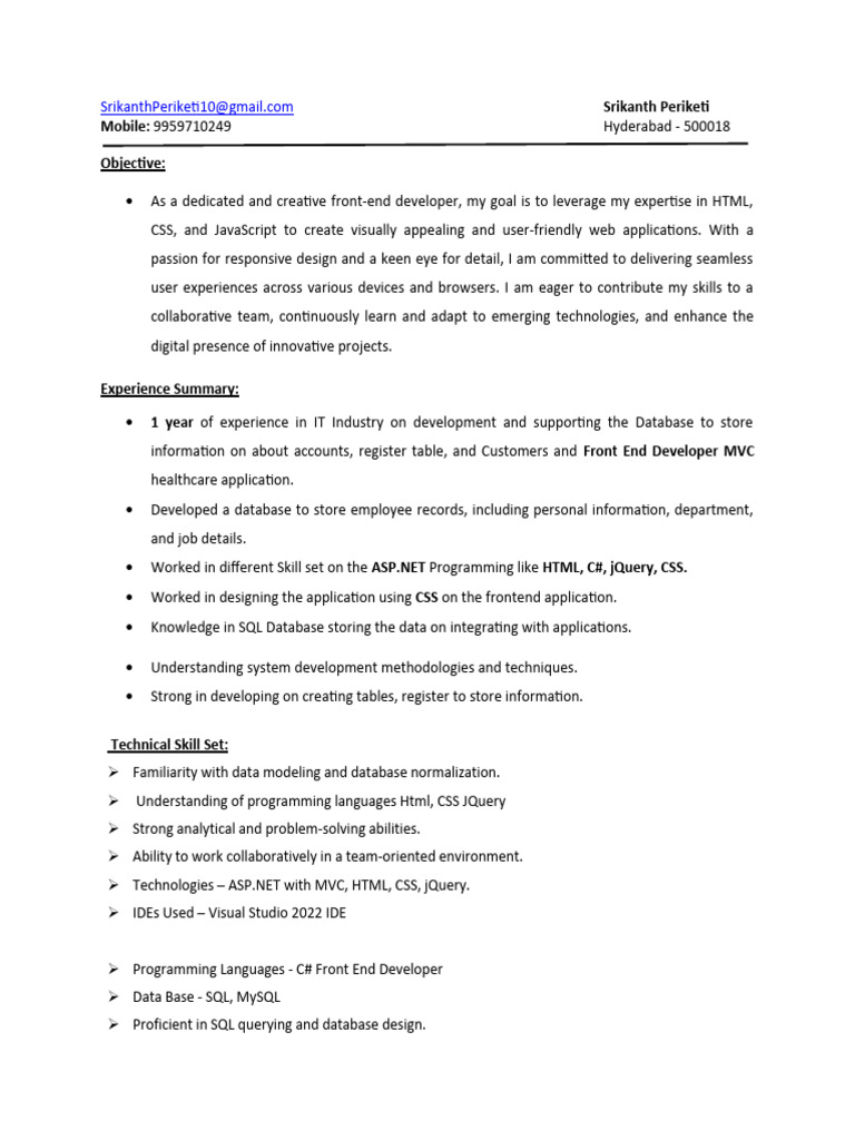 Front-End Developer Resume - Srikanth Periketi | PDF | Databases | J Query
