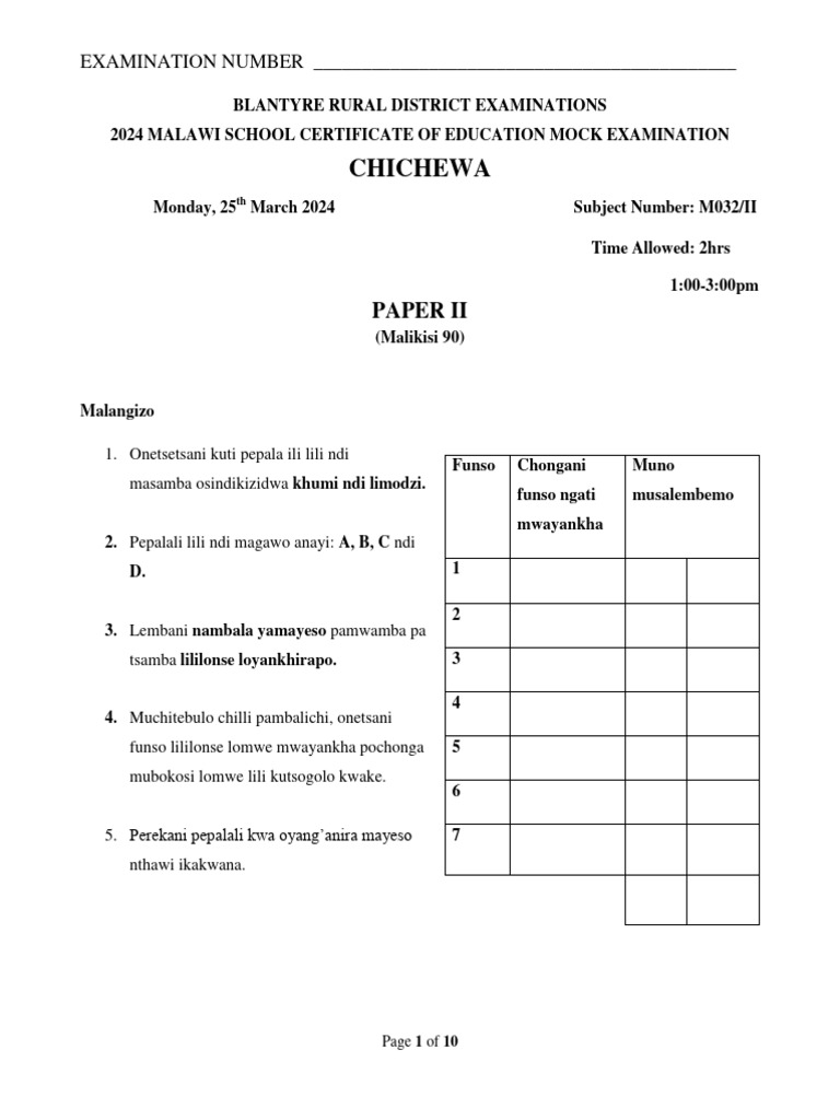 2024 Chichewa Mock Exam Paper II | PDF | Domesticated Animals | Insects ...