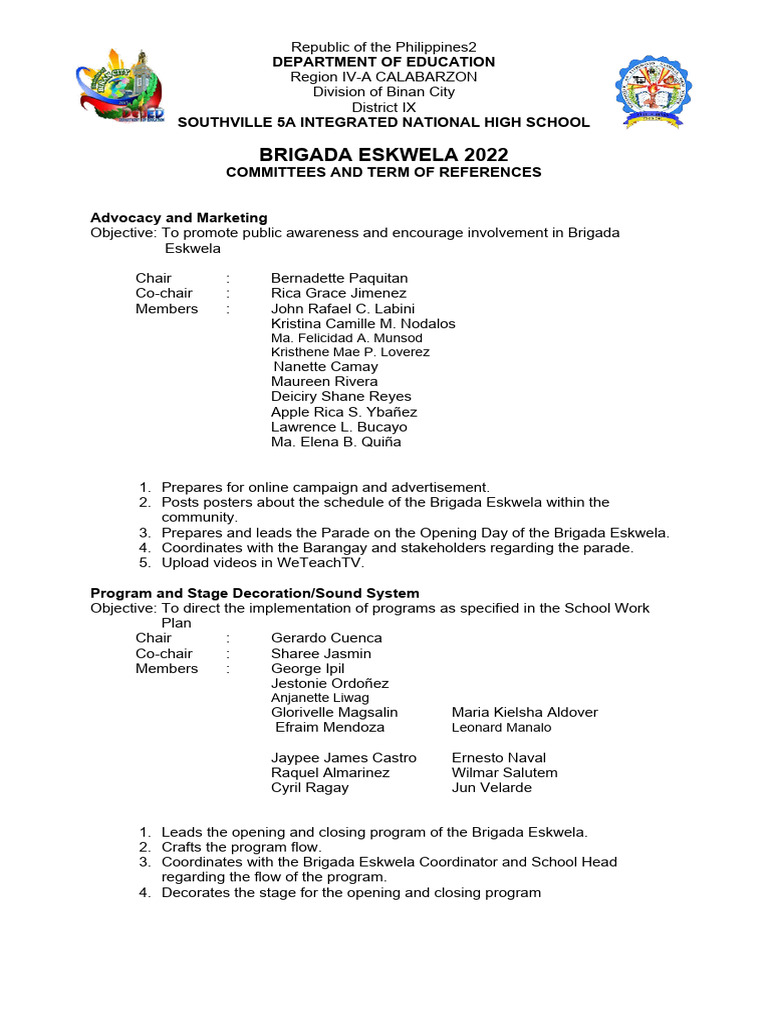 Brigada Eskwela 2022 Committees Overview | PDF | Business