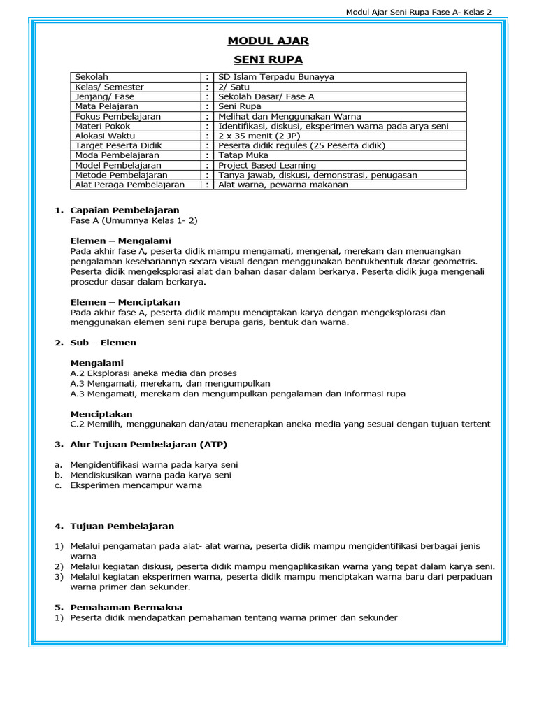 Modul Ajar Seni Rupa Kelas 2 SD | PDF | Karier & Perkembangan | Seni ...