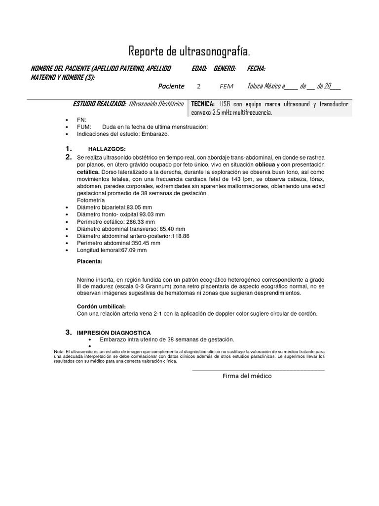 Reporte de Ultrasonido Obstétrico a 38 Semanas | PDF | El embarazo ...