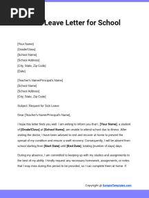 Sick Leave Letter For School