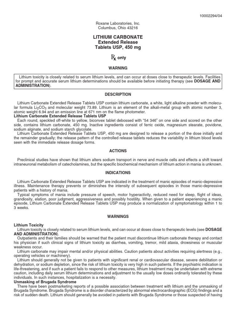 Lithium Carbonate ER Tablets 450 mg Overview | PDF | Dose (Biochemistry ...