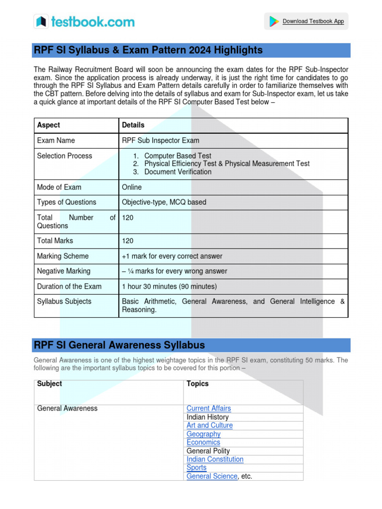 RPF SI Exam Syllabus & Pattern 2024 | PDF | Reason | Arithmetic