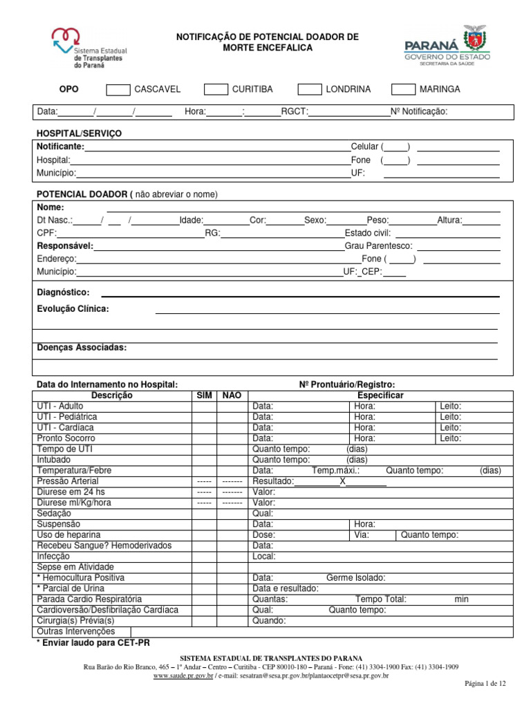 Notificação de Doador de Morte Encefálica | PDF | HIV/AIDS | Coração