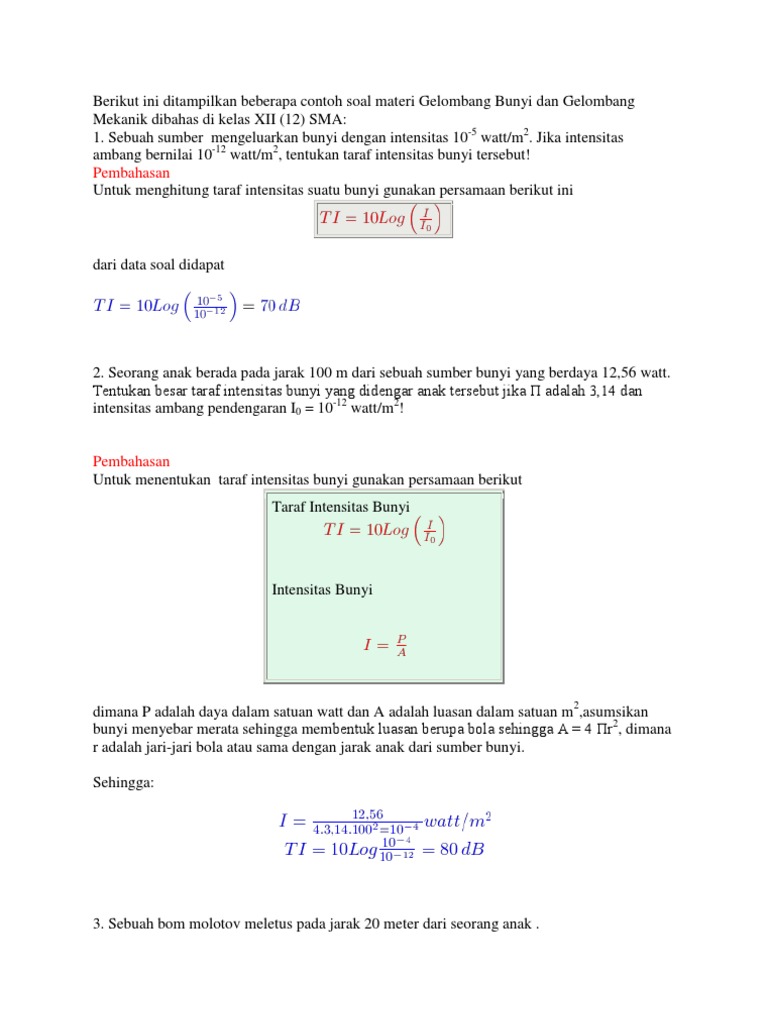 Contoh Soal Fisika Intensitas Gelombang Bunyi