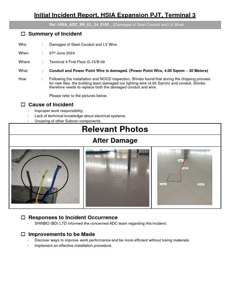 Initial Incident Report Damaged Steel Conduit and LV Wire | PDF ...