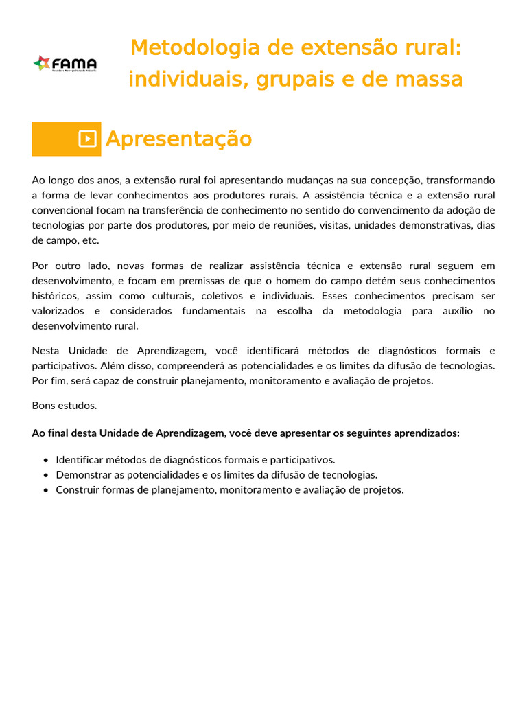 Metodologias de Extensão Rural Eficazes | PDF | Agricultura | Planejamento