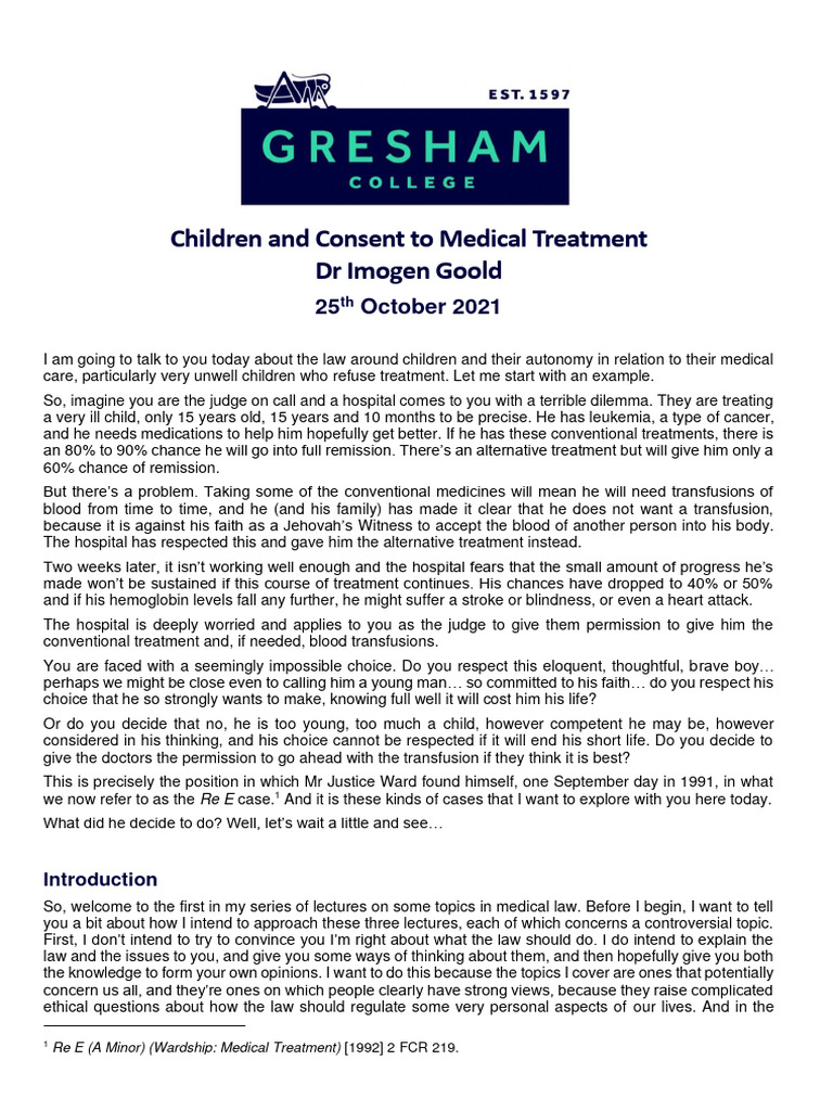 Children and Consent To Medical Treatment | PDF | Informed Consent