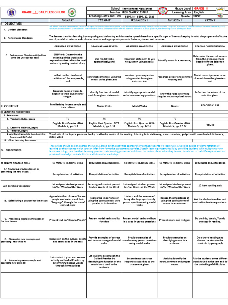 Grade 8 English Lesson Plan: Modal Verbs | PDF | English Language ...
