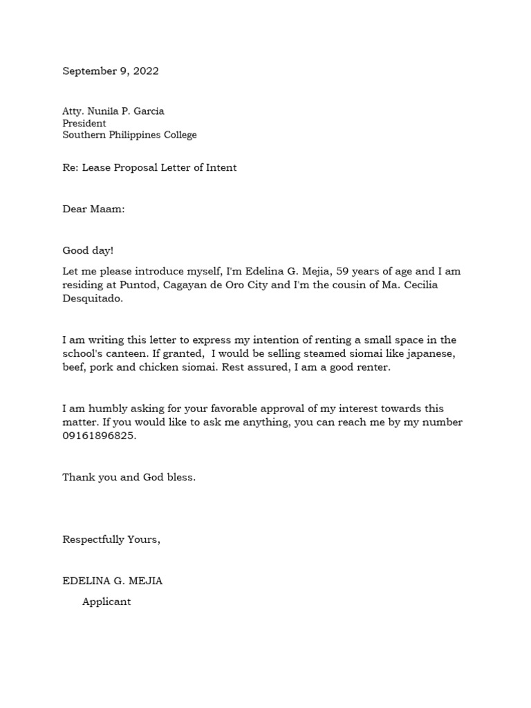 Canteen Lease Proposal Letter | PDF | Home & Garden